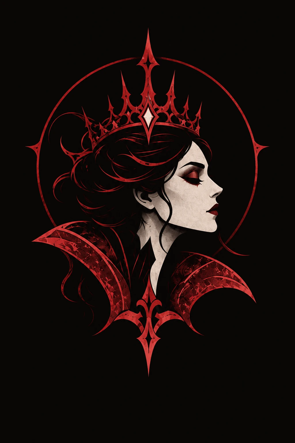 A stylised ivory Duchess in profile, framed by a delicate crimson crown and high collar.